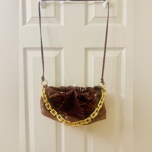 Brown Croc-Embossed Shoulder Bag with Gold Chain